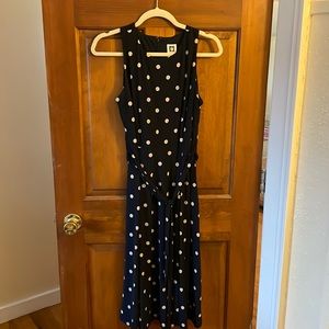 Blue and cream polka dot midi dress with waist tie and zipper back
